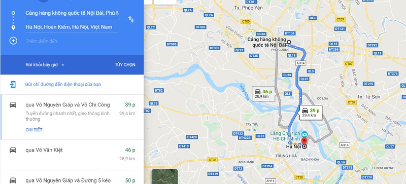 Tuyến đường di chuyển từ sân bay Nội Bài về trung tâm thủ đô Hà Nội